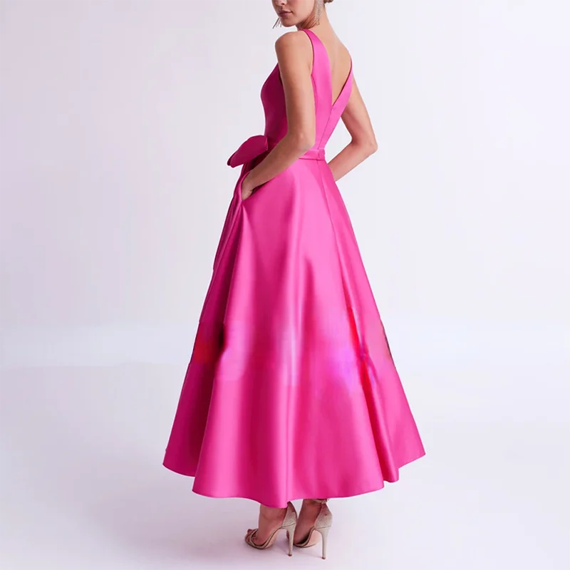 

Satin Sleeveless Mother of the Bride Dress Pleat 2025 A-Line V-Neck Bow Ankle-Length Evening Dresses For Gala Customized