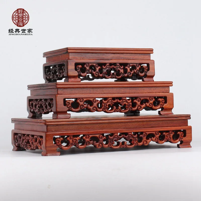 Redwood Rectangle Square Carved Bonsai Display Pedestal Vase, Artical Statue, Luxury Collection Base, Classical Design