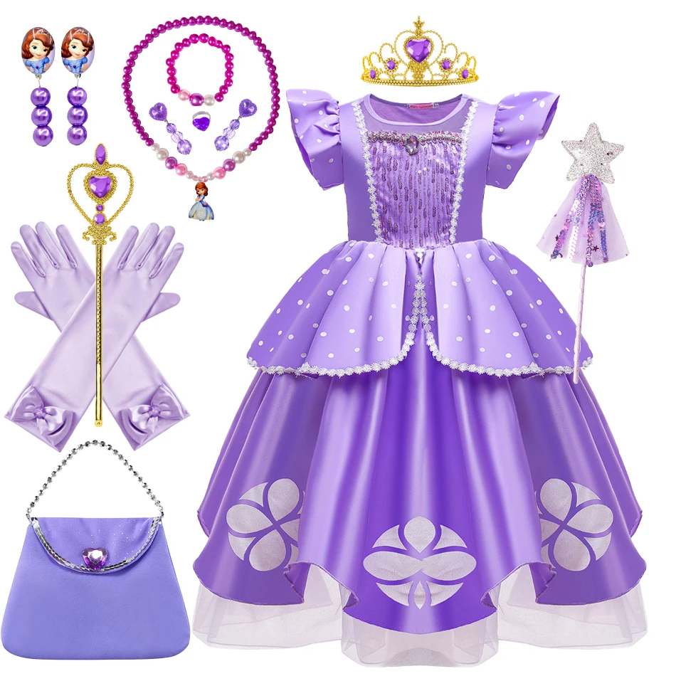 Princess Cosplay Sofia Costume Purple Print Frocks Carnival Stage Performance Girls Birthday Gifts Kids Halloween Luxry Clothing