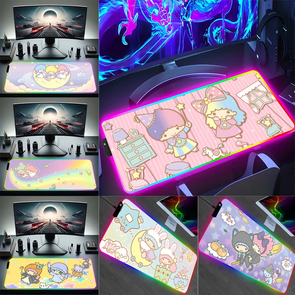 

RGB Cute LittleTwinStarss Pc Gamer Keyboard Mouse Pad Mousepad LED Glowing Mouse Mats Rubber Gaming Computer Mausepad