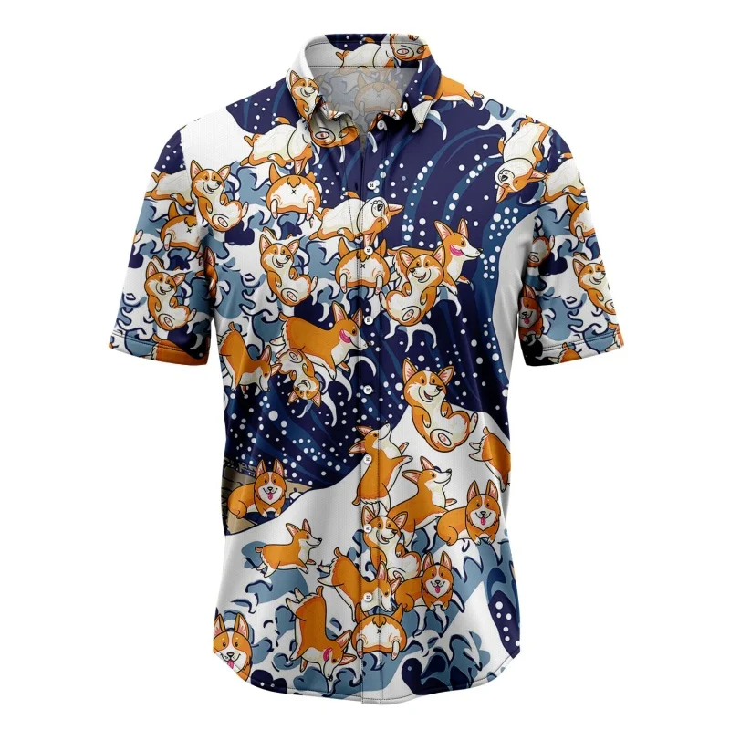 

Corgi Cow Pattern Hawaiian Shirt For Men Bear Horse 3D Printed Short Sleeves Summer Loose Aloha Shirts Lapel Unisex Blouse Tops