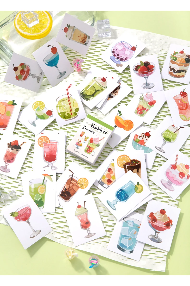 50 Stück Aquarell-Getränke-Kupferstich-Aufkleber, Sommer-Cocktail- und Dessert-Scrapbooking-Sticker – Detail 8
