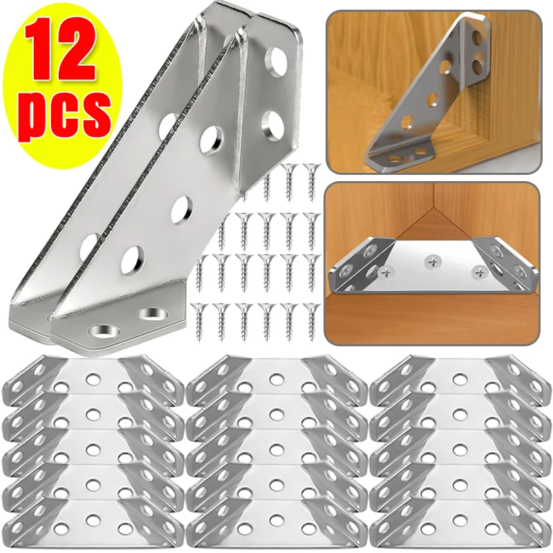 12/1Sets Universal Furniture Corner Connector Stainless Steel Corner Brackets For Shelf Cabinet Table Chair Fixing Brace Kits