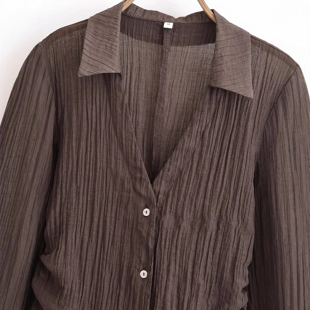 الملابس النسائية الكفة القوس الديكور شبه شفافة طويلة الأكمام الخامس الرقبة القميص