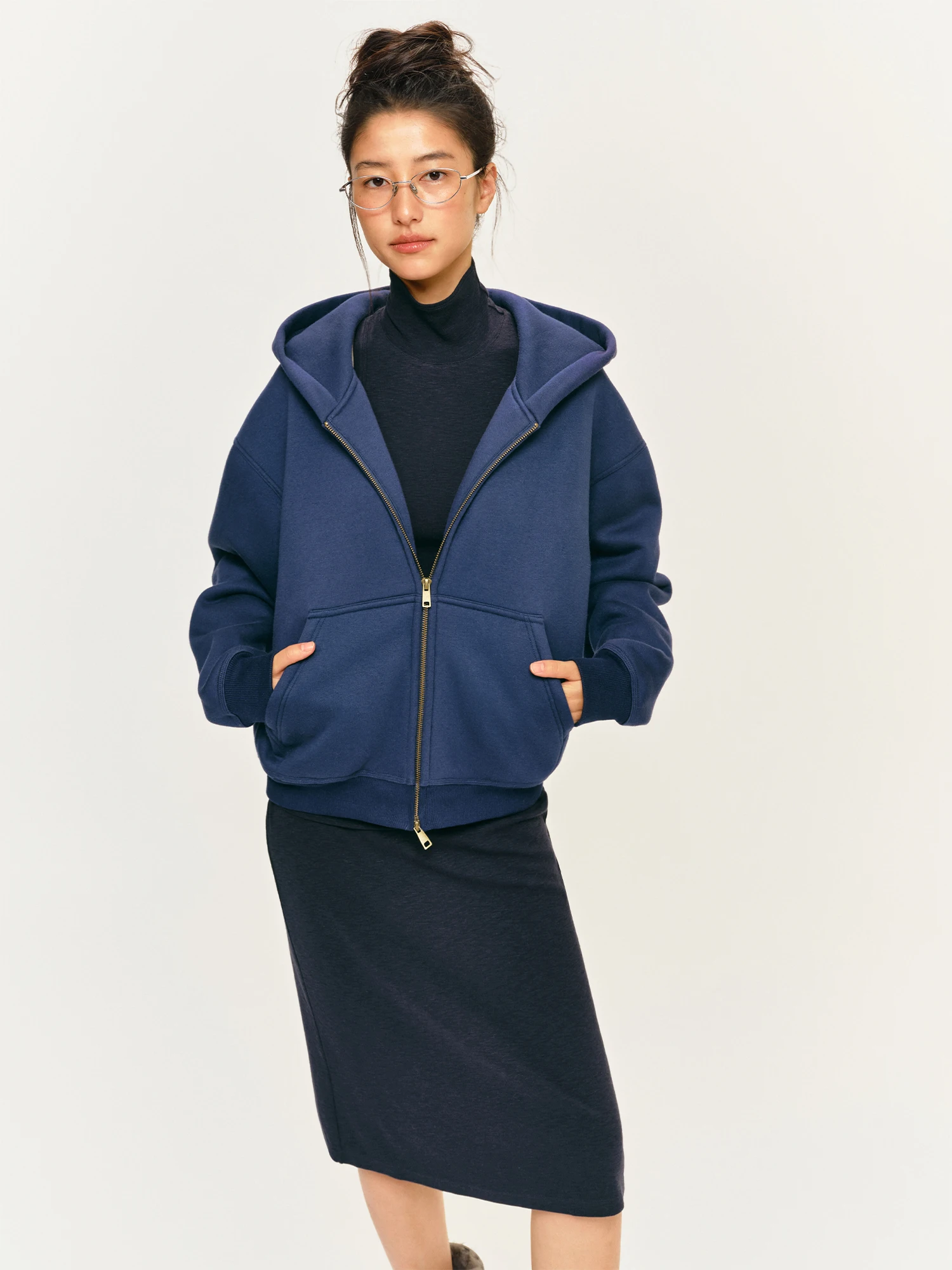 HaveRice Restaurant Heavyweight Fleece Hoodie Thickened Lightweight Warm Autumn Winter Lazy Blue Polyester Cotton Blend Cardigan