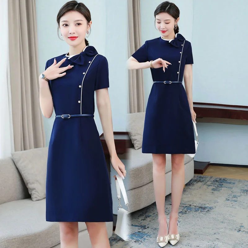 Professional Dress Elegant Summer Fashion Navy Temperament Goddess Korean Style High-end Store Beauty Salon Work Clothes Belt