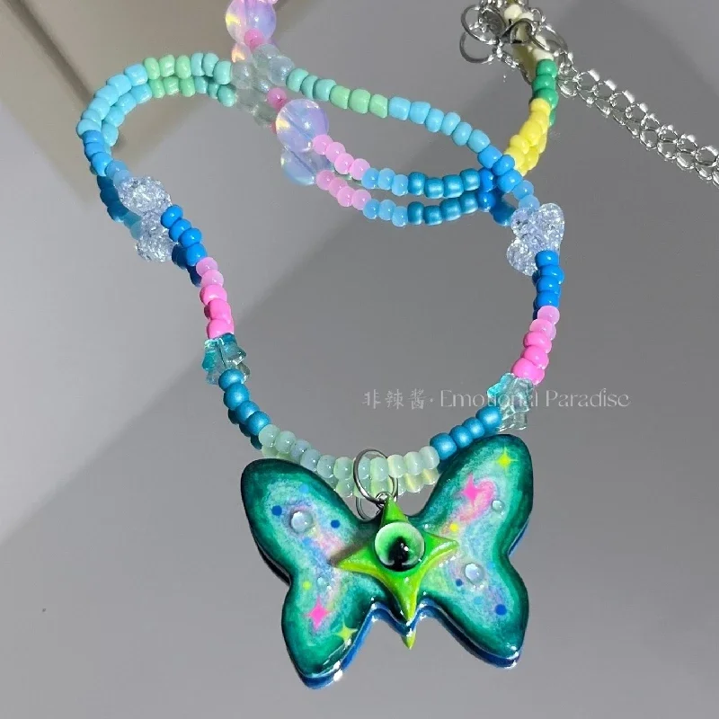 3021 Creative Handmade Eye Butterfly Soft Ceramic Necklace Dark Cthulhu Decoration Halloween Artwork Customized Birthday Gift