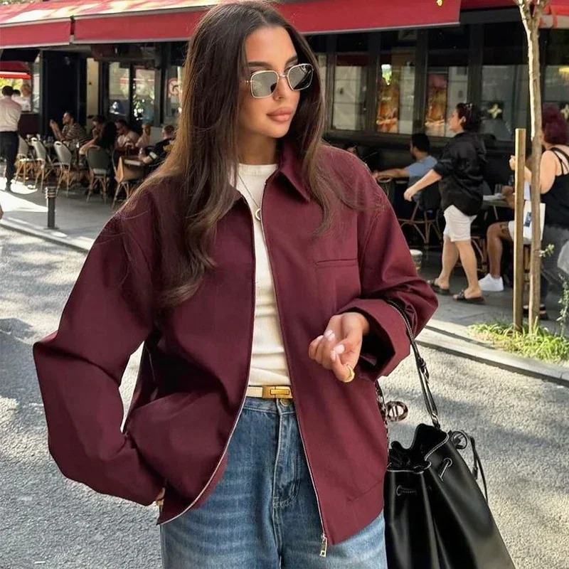 Trendix Vintage Burgundy Jacket For Women 2024 Autumn Winter Street Basic Casual Long Sleeve Coats Femme Retro Commuting Jackets