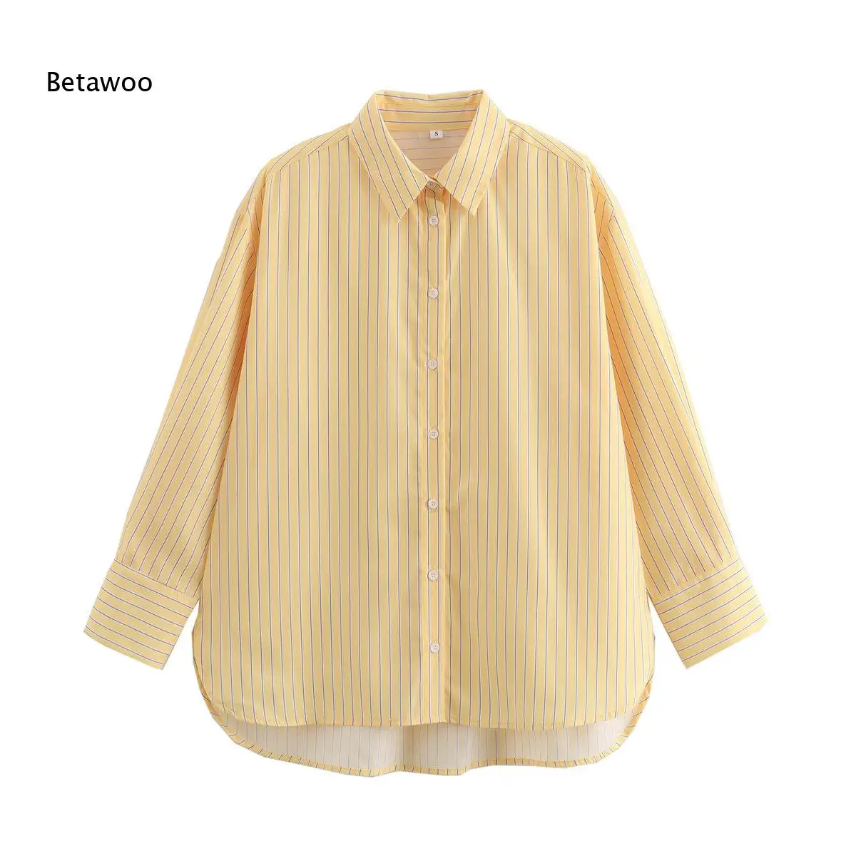 Lapel Collar Vertical Striped Oversized Shirt For Ladies Yellow Base Light Blue Line Long Sleeve Curved Hem Daily Top