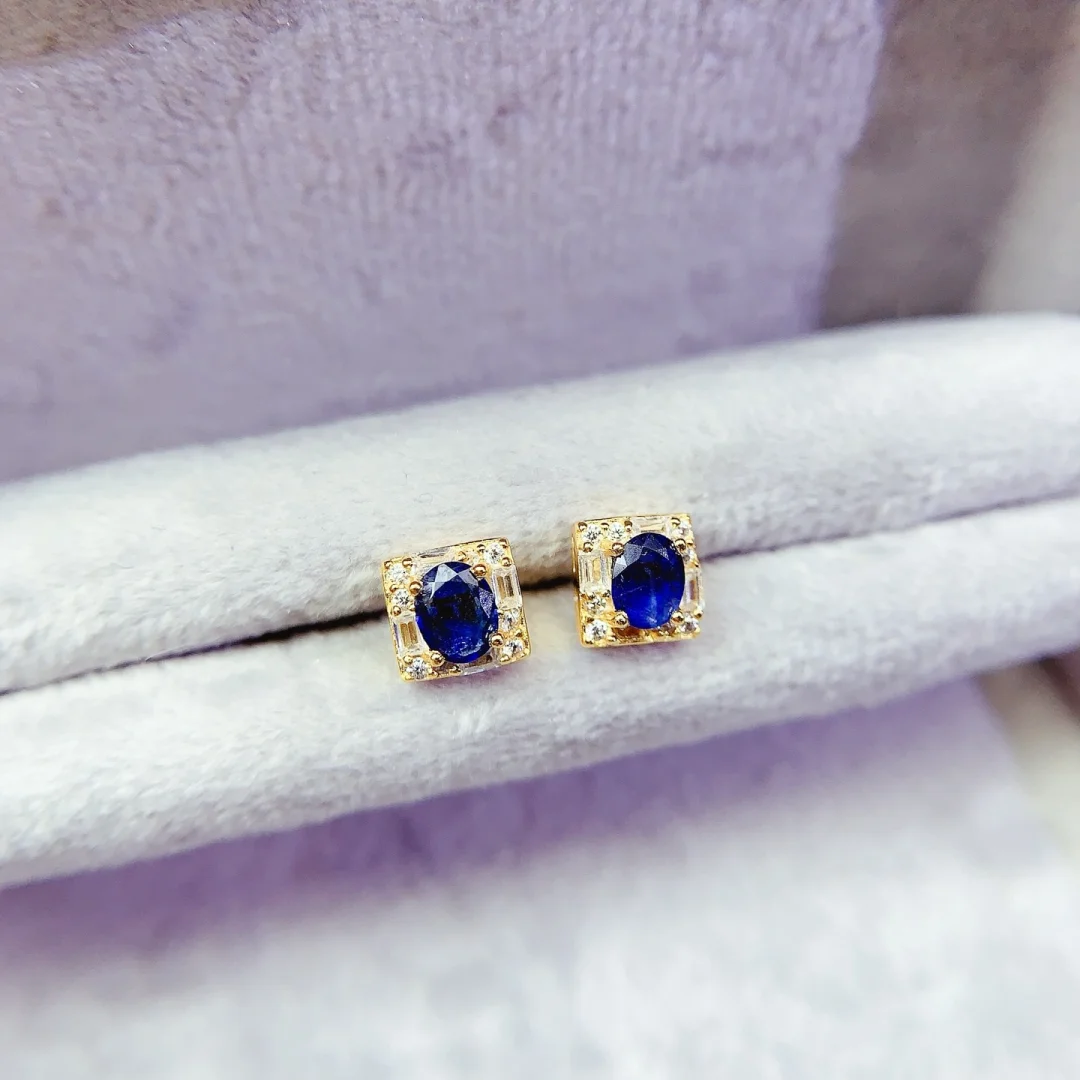 Fashion Jewelry Natural Sapphire Stud Earrings S925 Pure Silver Luminous Deep Blue Gem Premium Wedding Anniversary Gift Jewelry