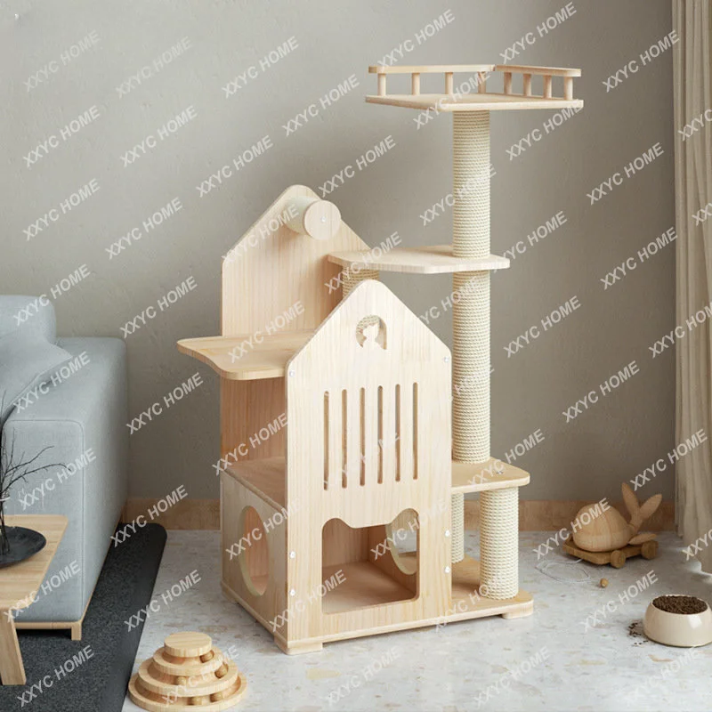 Wooden Cat Climbing Frame Solid Wood Stitching Thickening Wooden Cat Villa House Funny Cat House