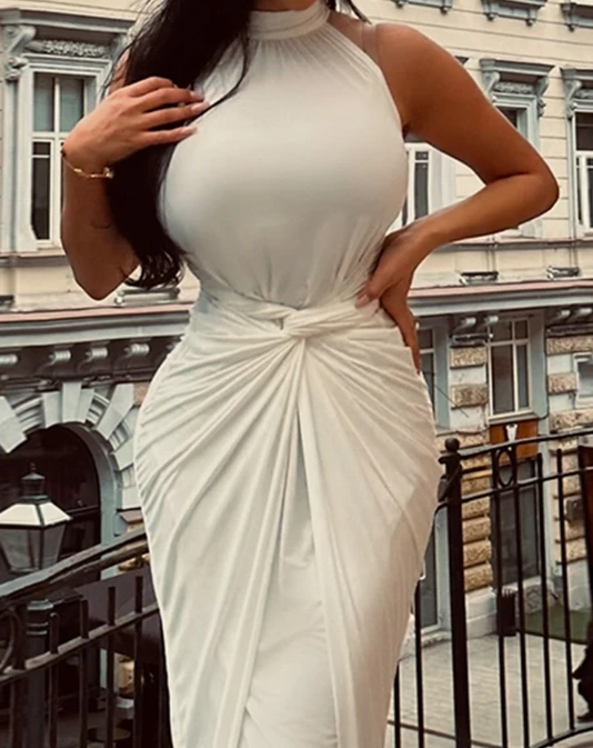 

2023 New Summer Temperament Commuting Elegant Casual Round Neck White Sleeveless Waist Strap Tight Skirt Party Dress for Women