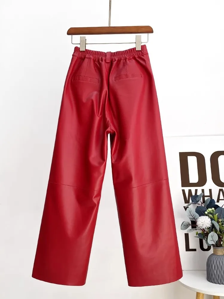 Women Genuine Leather Pants Solid Color High Waist Wide Leg Ankle Length Pants Casual Female Sheepskin Straight Trousers M- 4XL