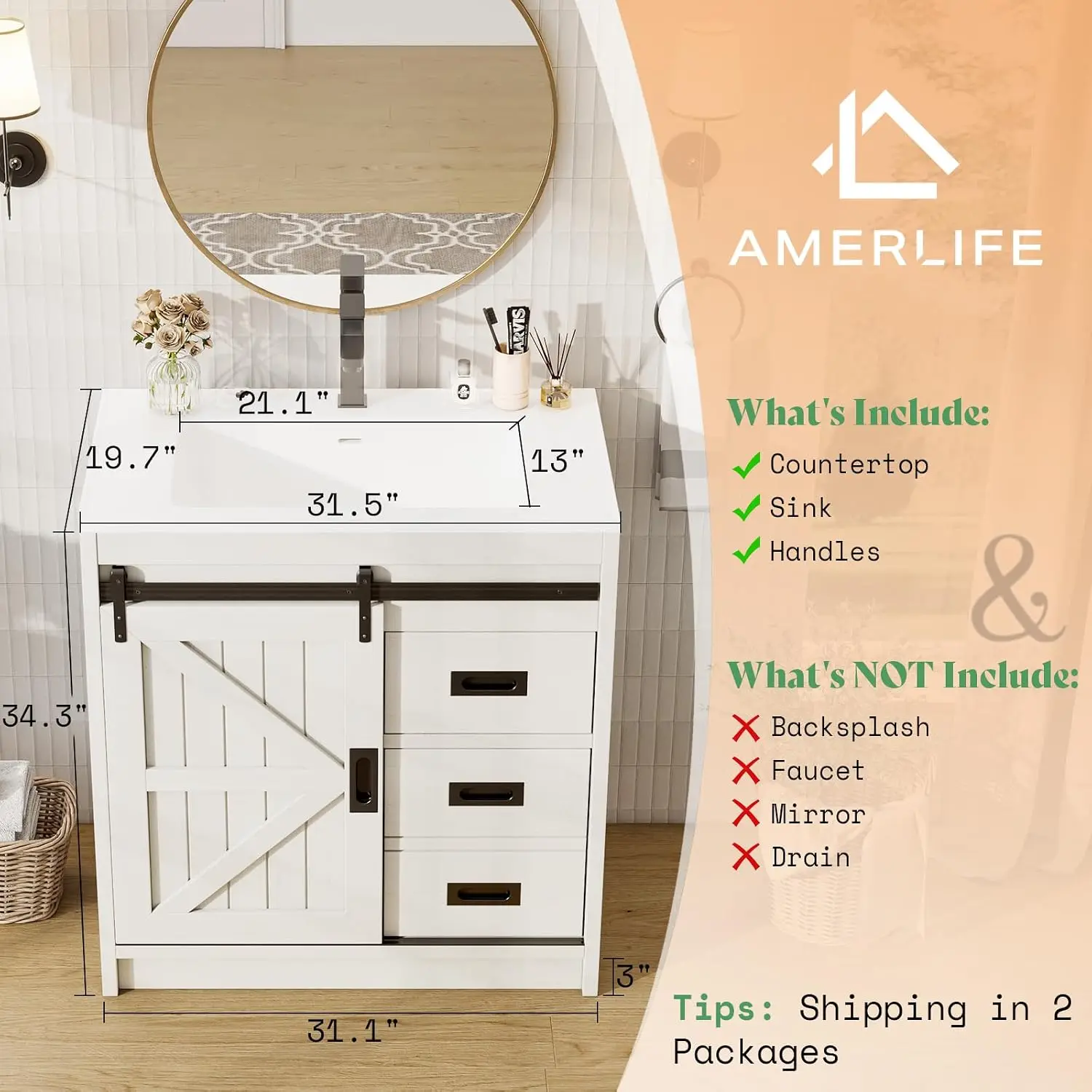 Farmhouse Bathroom Vanity with Sink Combo, 30in Sliding Barn Door Bathroom Vanity Cabinet Set with Storage Customized