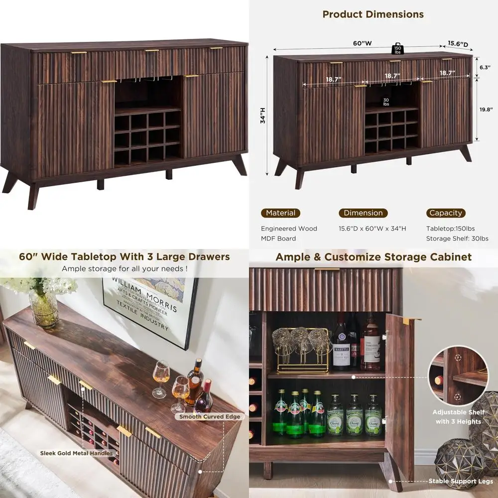 

60 Walnut Sideboard with 3 Drawers, 2 Doors, Wine & Coffee Bar, Glass Racks for Kitchen or Dining Area