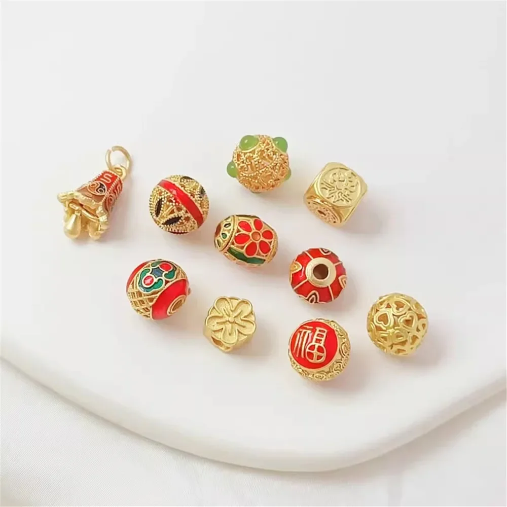 

Ancient-style Gold Accessory Oil-dripping Hollowed-out Balls Cherry Blossoms Four-sided God of Wealth DIY Handcrafted Bracelet