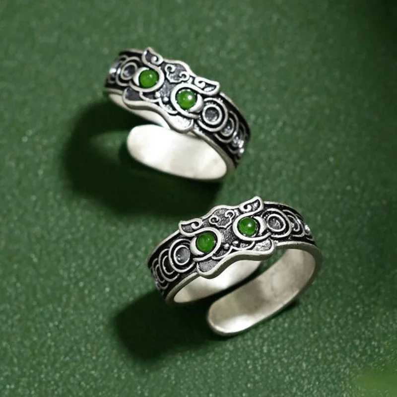 Creative vintage ethnic style Lion dance ring natural Hotan Jade green rings for women exquisite design classic banquet jewelry