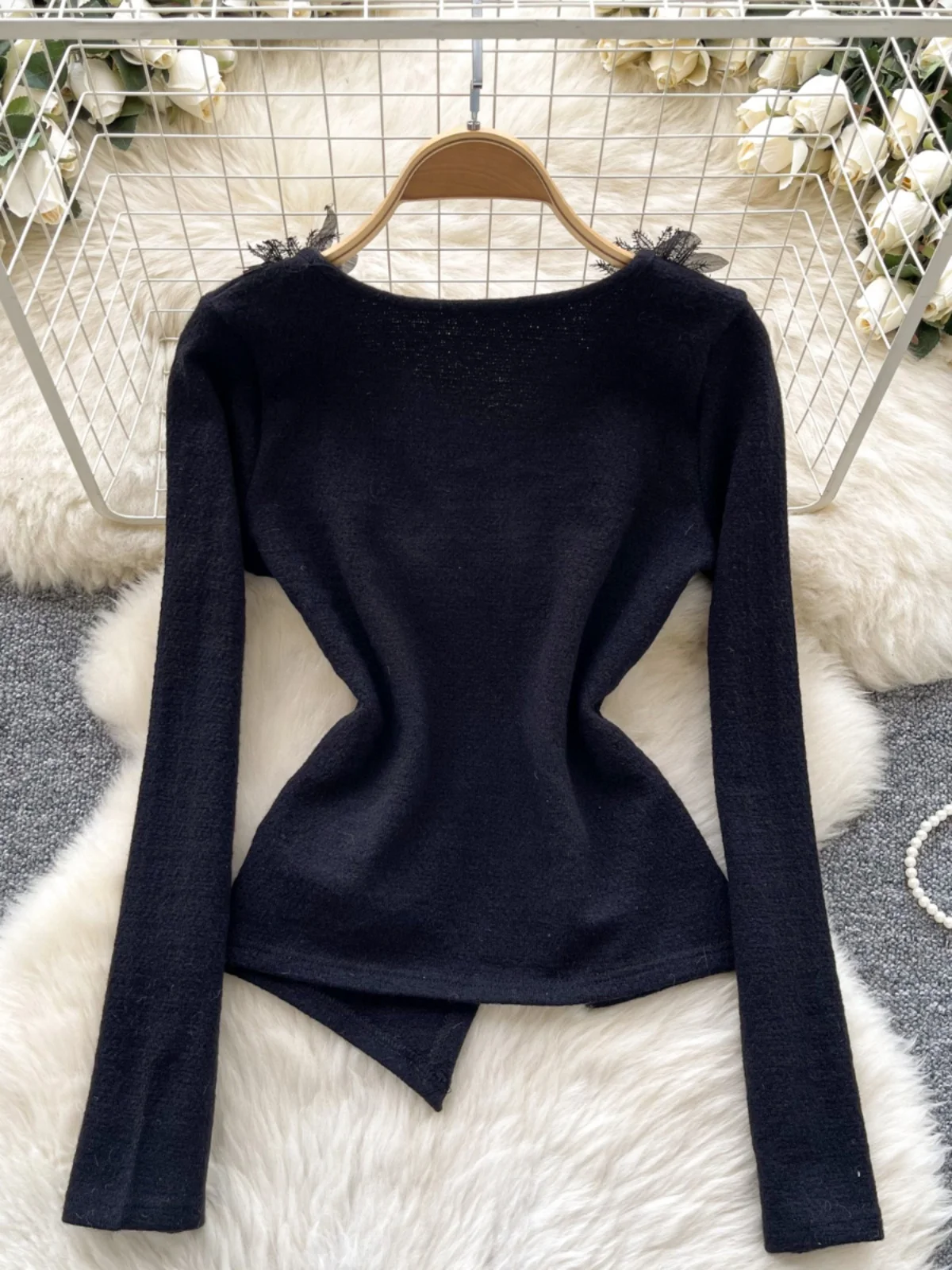 Top lungo lavorato a maglia da donna invernale Sve V-Ne Design irregolare Strato base irt Commute Sle Loose Fit Versione coreana