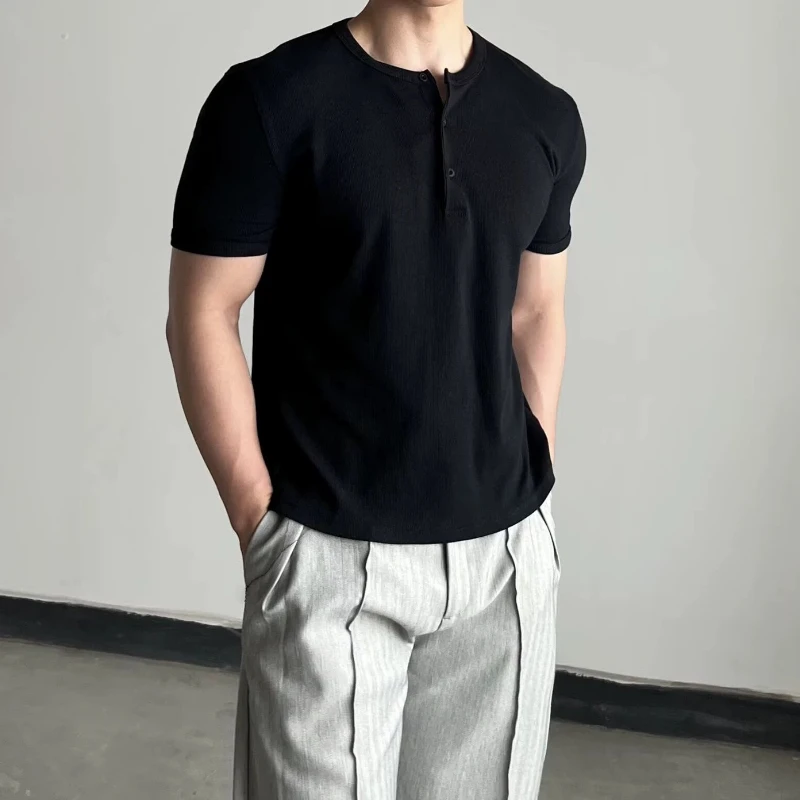 American Retro Henry Collar Solid Color Short-sleeved T-shirt Men's Cleanfit Summer High-end Right Shoulder Casual Top