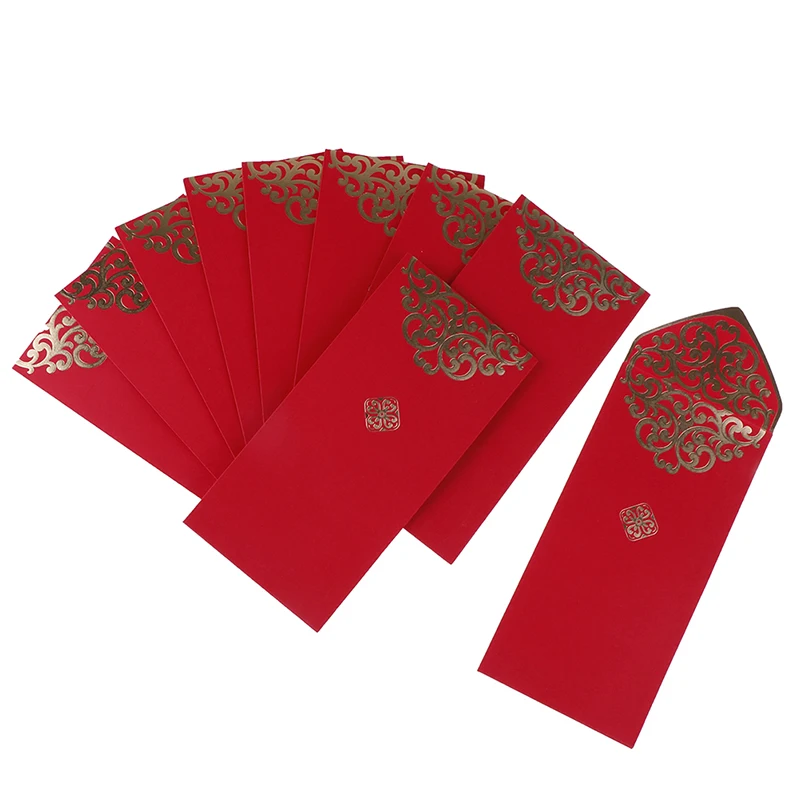 10 Pcs Chinese Red Envelopes 2023 New Year Money Packing Bag Gold Stamping Emboss Hongbao Spring Festival Red Packets Decoration