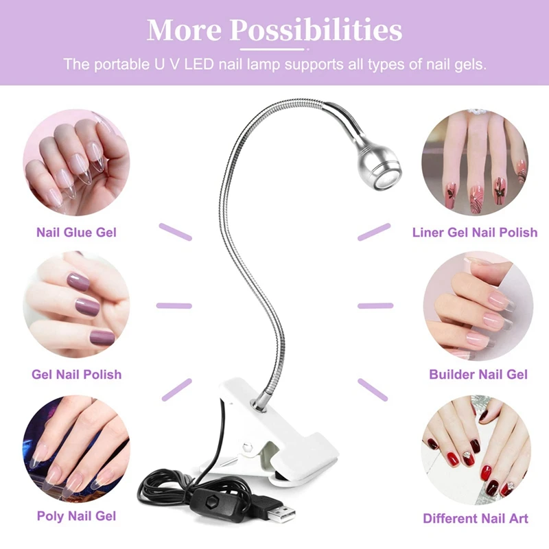 مصباح أظافر LED بالأشعة فوق البنفسجية - مصباح أظافر صغير LED جل X مصباح للأظافر مع مشبك تثبيت وإضاءة LED قابلة للدوران، فضي