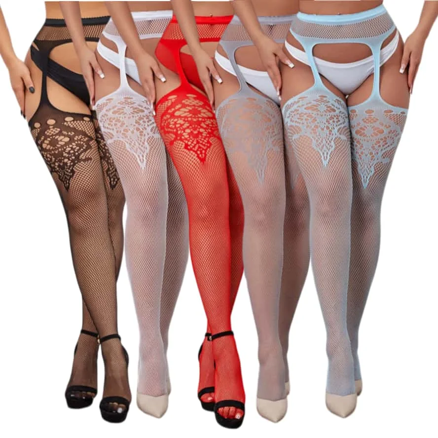 Black Fishnet Suspender Pantyhose Plus Size Gothic Girls Cosplay Garter Halloween Thigh High Stockings Tights for Women 3XXL 5XL