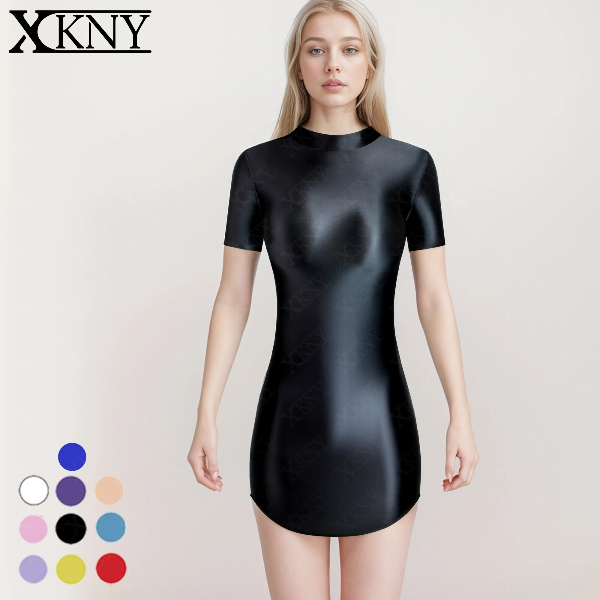 XCKNY glossiness series dress elastic slip glossy tight skirt high neck short sleeve long skirt smooth casual sports skirt