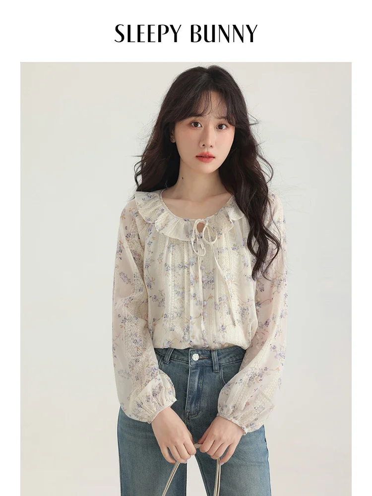 

French Style Women Ruffle V-Neck Tie Floral Chiffon Blouse Spring 2025 Sweet Style Commuter Top Elegant Casual Shirt for Work