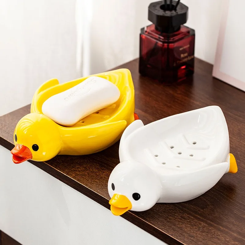 Cartoon Creative Ceramic Soap Box Cute Duck Soap Box Shelf Toilet Soap Plate Holder with No Water Accumulation