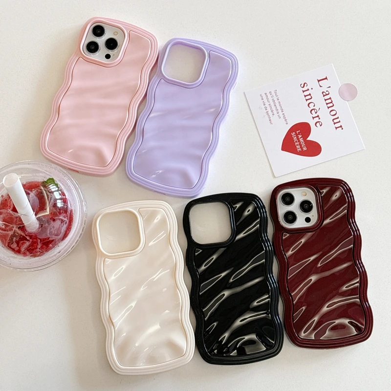 Korea 2 in 1 Wave Pattern Phone Case For iPhone 15 14 12 13 Pro Max 11 INS Girl Candy Color Glossy Shockproof Soft Back Cover