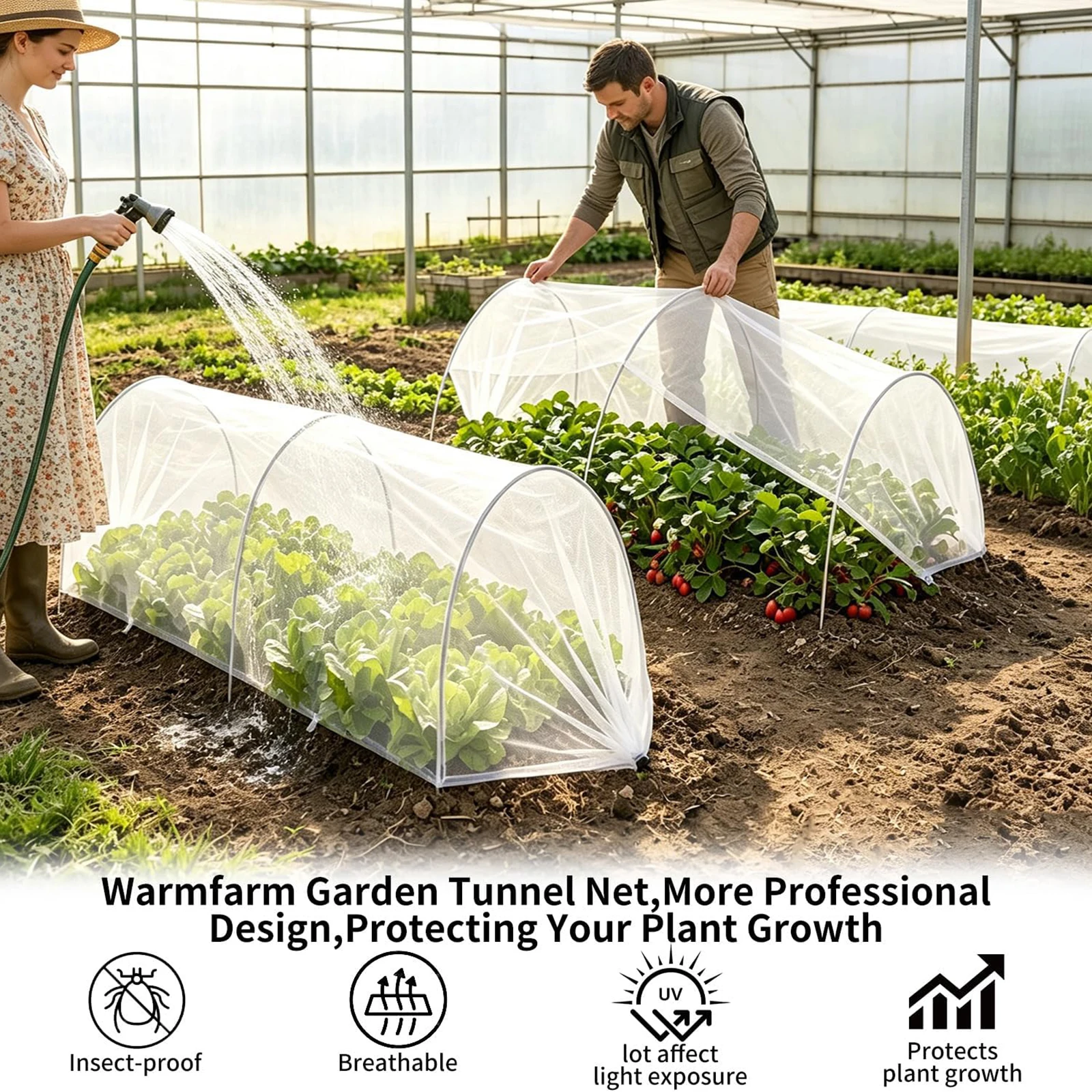 3x5M Steel Frame Garden Netting Tunnel with 20 Pegs Polyester Mesh Plant Protector for Vegetables Fruit Crops & Outdoors