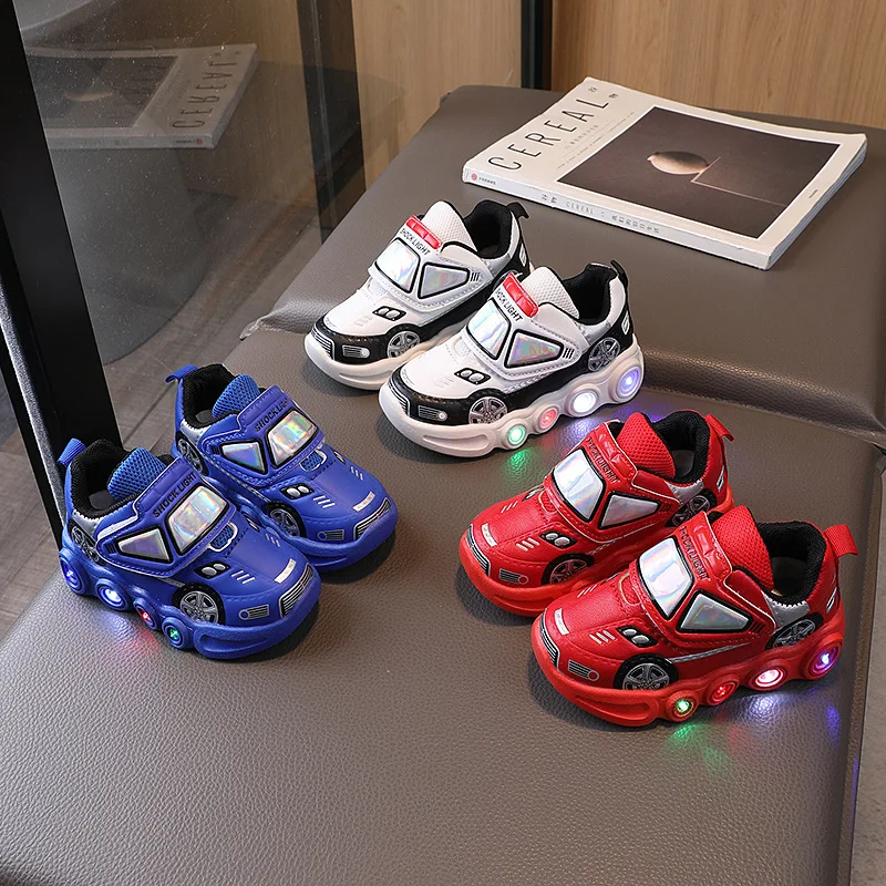

2026 Kids'Casual Shoes Led Light Car Club Cartoon PU Leather Spring Shoes For Children Anti-slip Red Blue Shoes Size 21-30