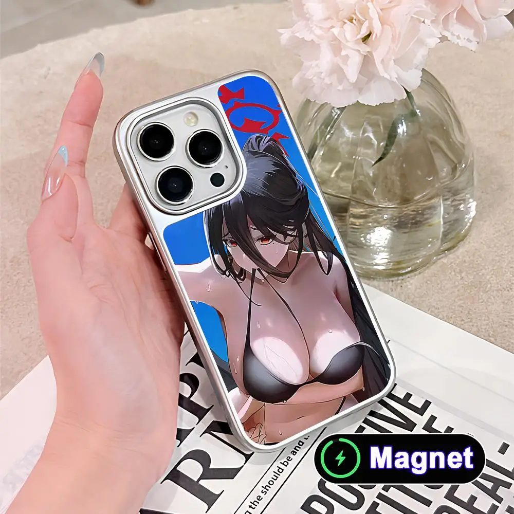 

Blue Archive Hasumi Phone Case for iPhone 17 16 15 14 13 12 11 Air Pro Max Plus Electroplated Silver Magnet Cover