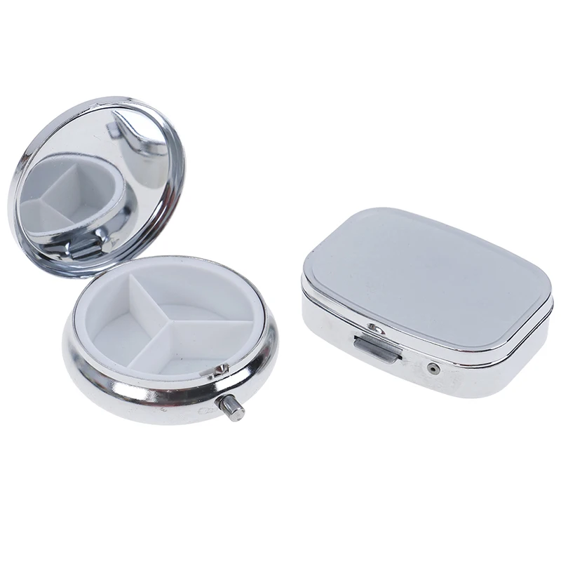 1pc Container Case Small Metal Round Rectangular Silver Tablet Pill Box Medicine Leak-proof Design