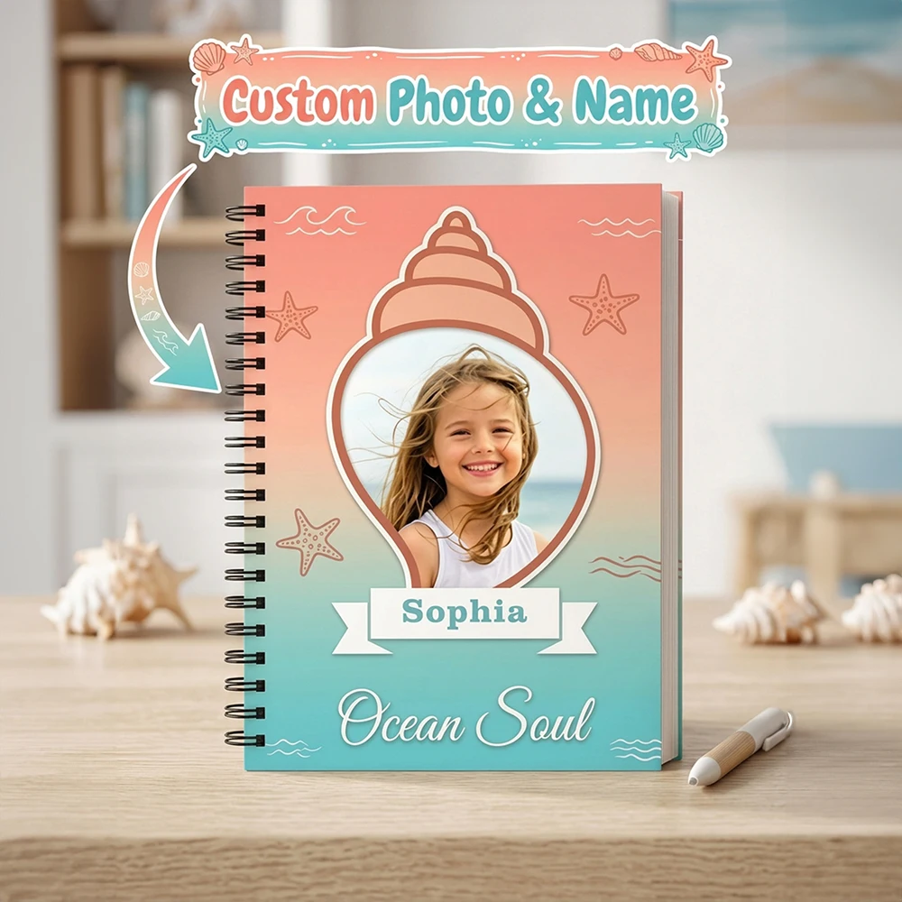 Customized Photo & Name Spiral Journal Notebook,Binding Lined Notebook,Seashell Starfish Pattern,Birthday Gift,Study Daily Plann
