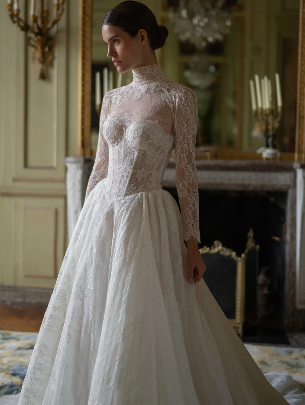 Tóquio personalizado branco alto decote vestidos de casamento manga longa zip tule tribunal trem vestido de noiva elegante a linha vestido de casamento