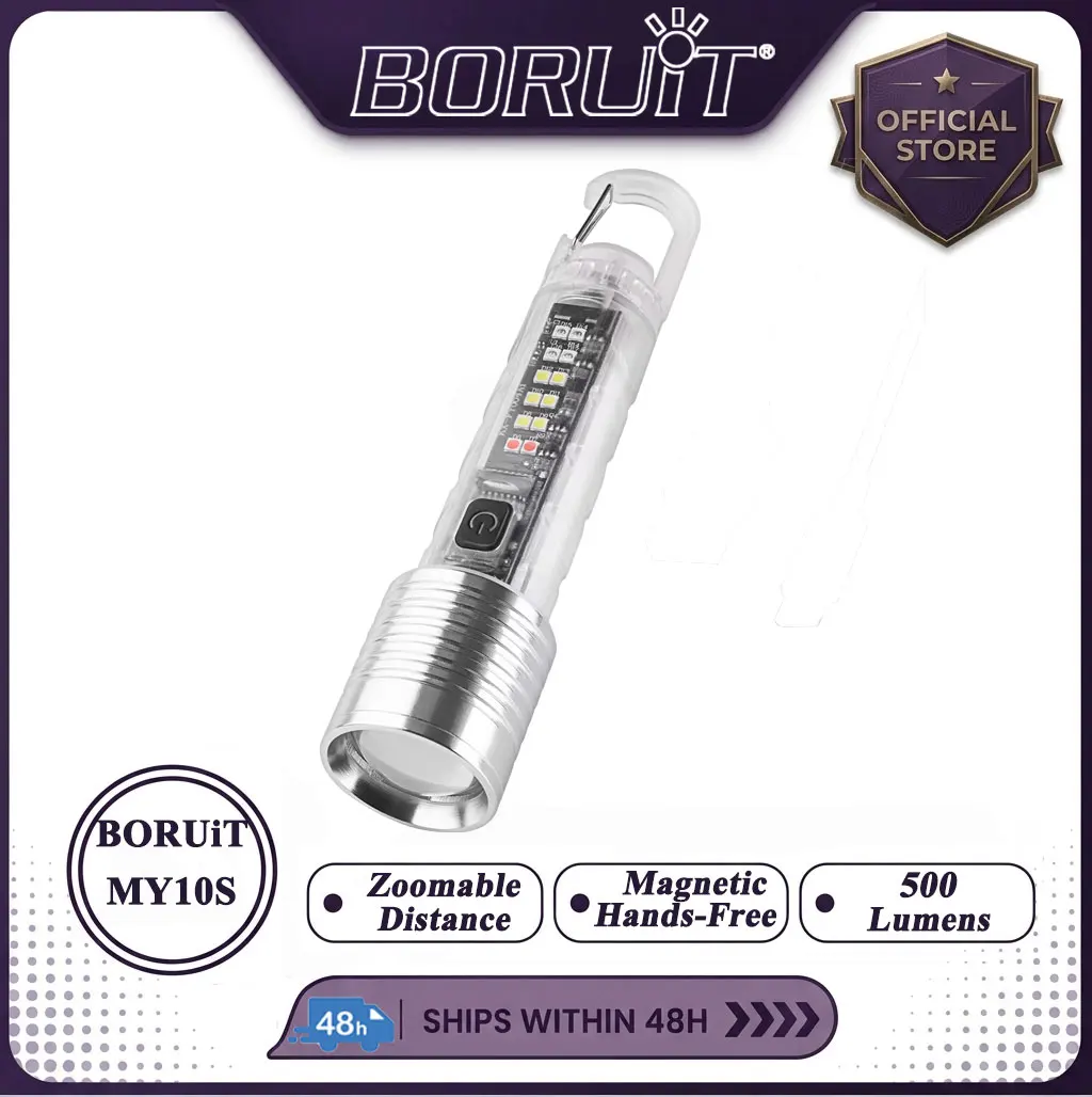 BORUiT Super Bright Transparent LED Flashlight Work Light with Hook Zoom Type-C Rechargeable Torch Waterproof Camping Lantern