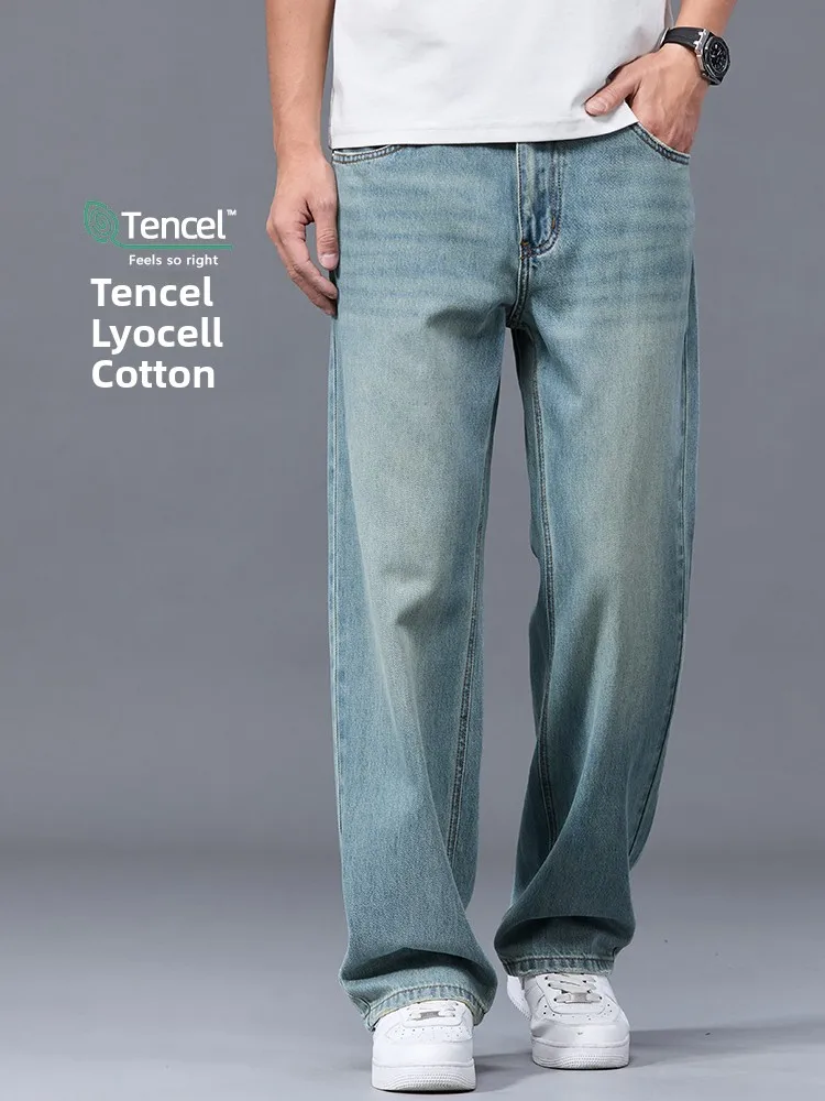 

High Waist Loose Fit Straight Leg Men's Jeans Retro American High Street Casual Long Trousers Fashionable Cotton Stretch Denim