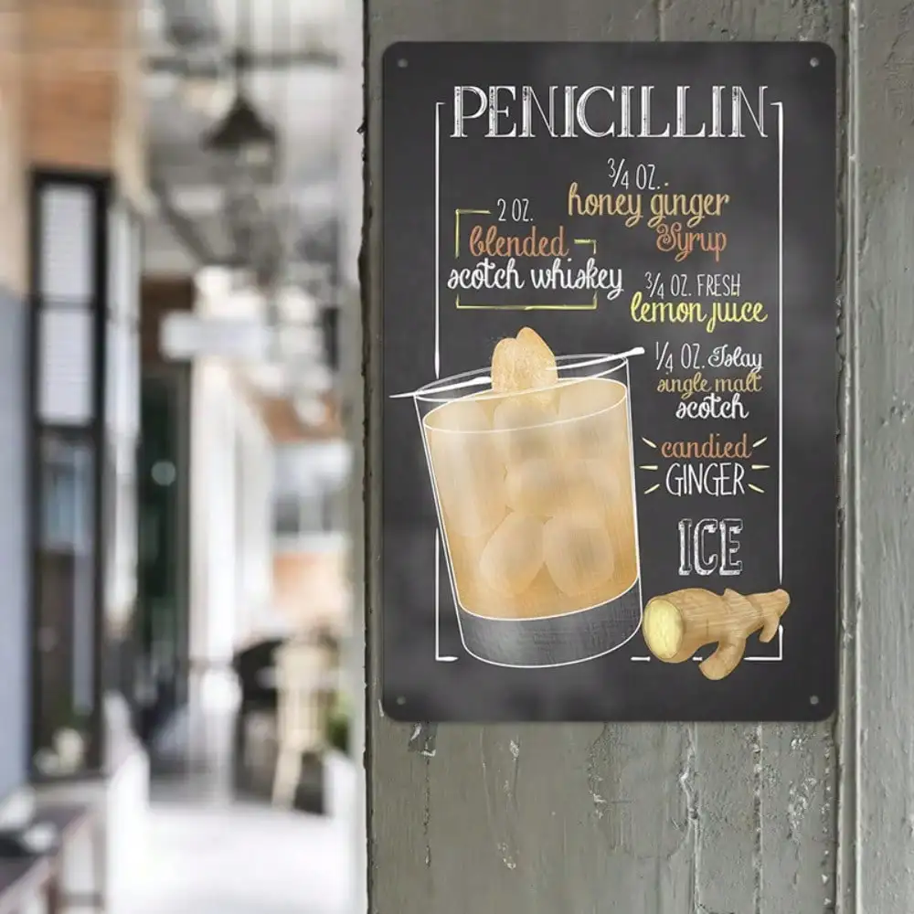 

1PC Tin Sign Penicillin Cocktail - Vintage Bar/Home Decor, Hand-Drawn Recipe, 8x12in/20x30cm