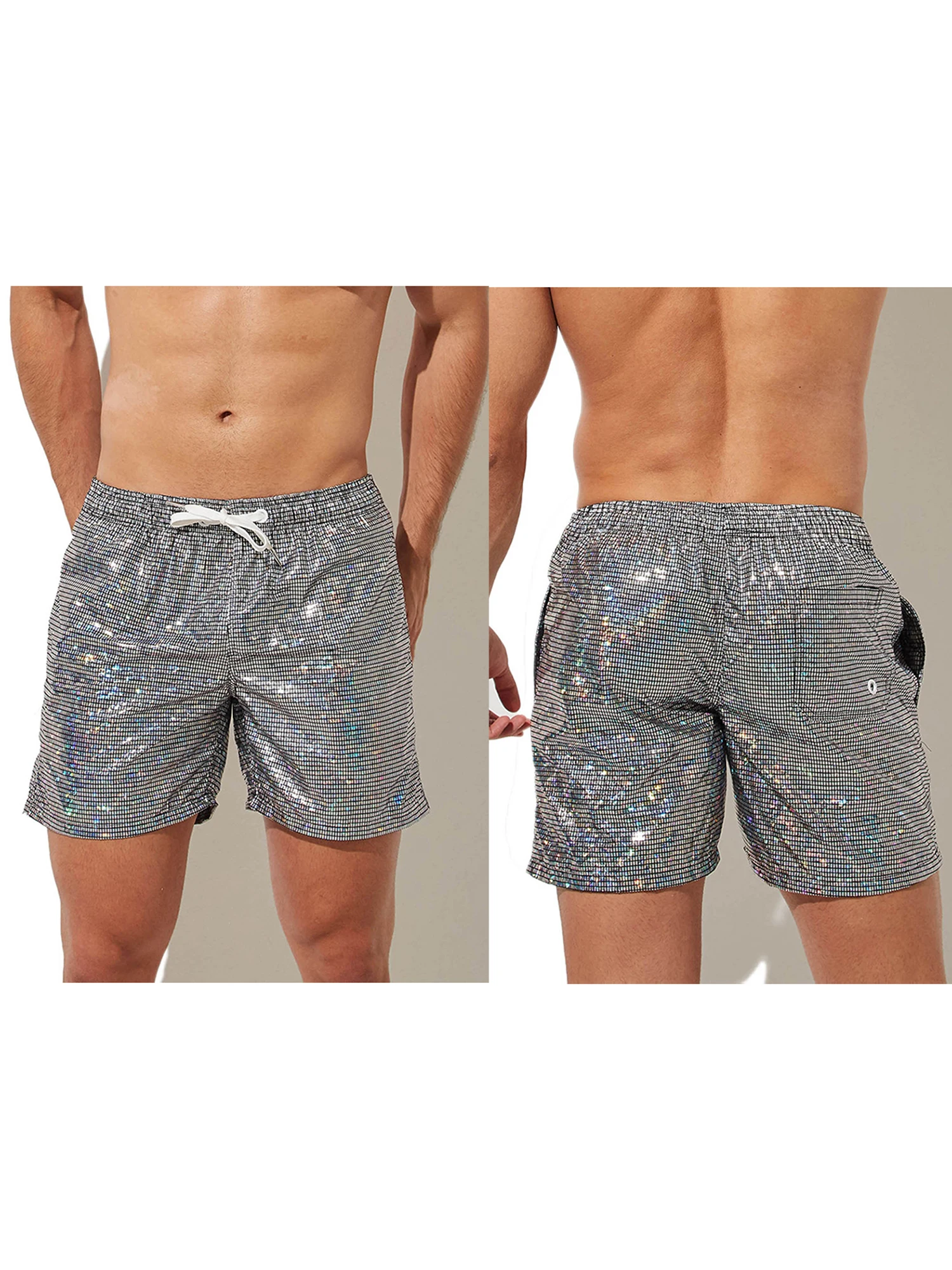 メンズカジュアル弾性ウエストショーツ、光沢のあるスパンコールのディテールが夏の休暇やビーチの日を完璧にフィットします。