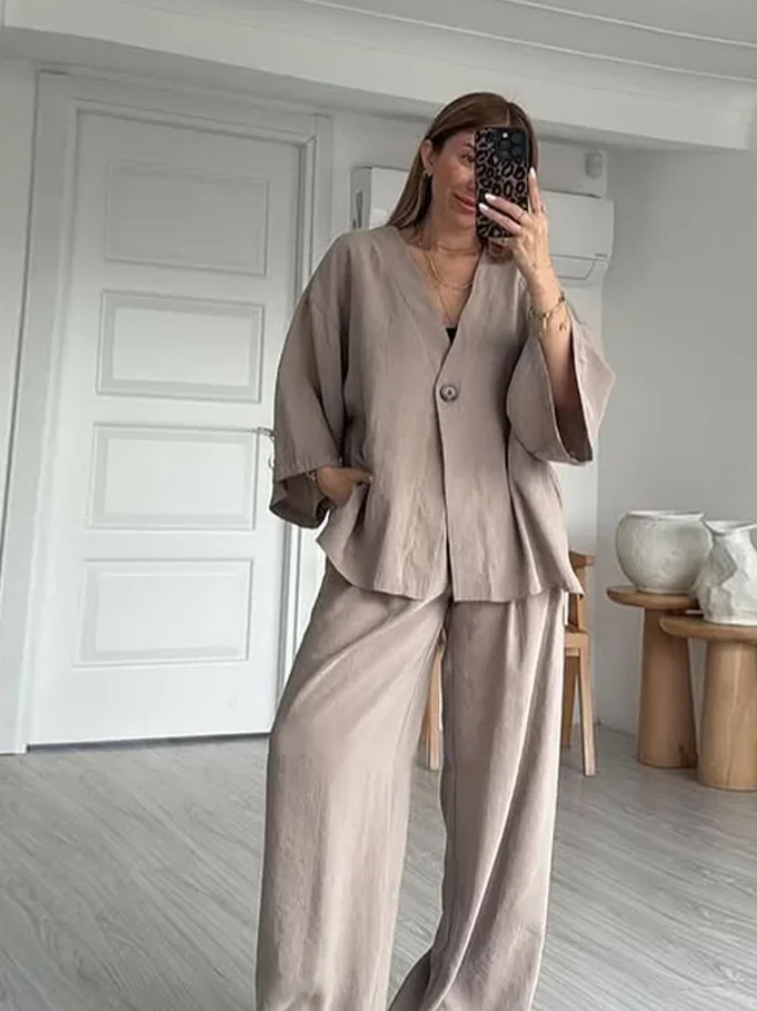 

Casual One Button Shirts Solid Pants Set Women Cotton Linen Full Sleeve V-neck Shirt High Waist Loose Pant 2025 Office Suits