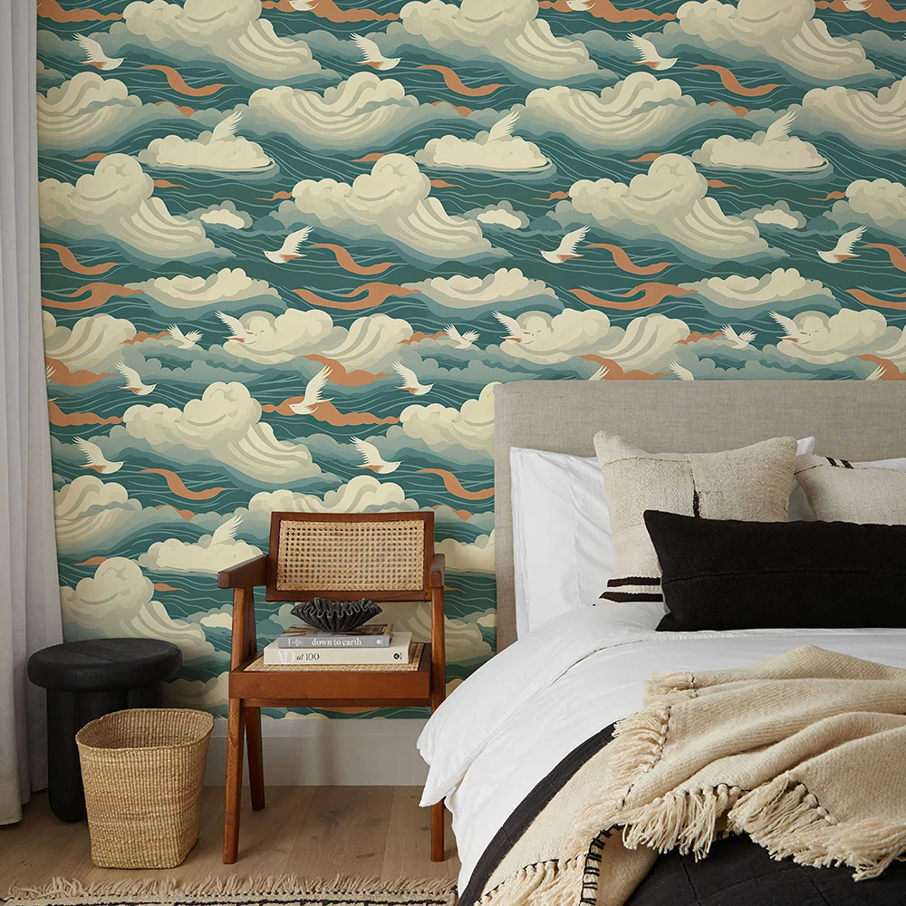 Blue Sea Spray Peel And Stick Wallpaper PVC Bird Waterproof Self Adhesive Wall Decoration Retro Vinyl Peel And Stick Wallpaper