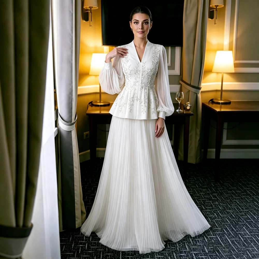 Modest A Line Pleated Bridal Gowns Beading Jacket Top Two Pieces Tulle Skirt Ivory Long Bishop Sleeves Customized Wedding Dress