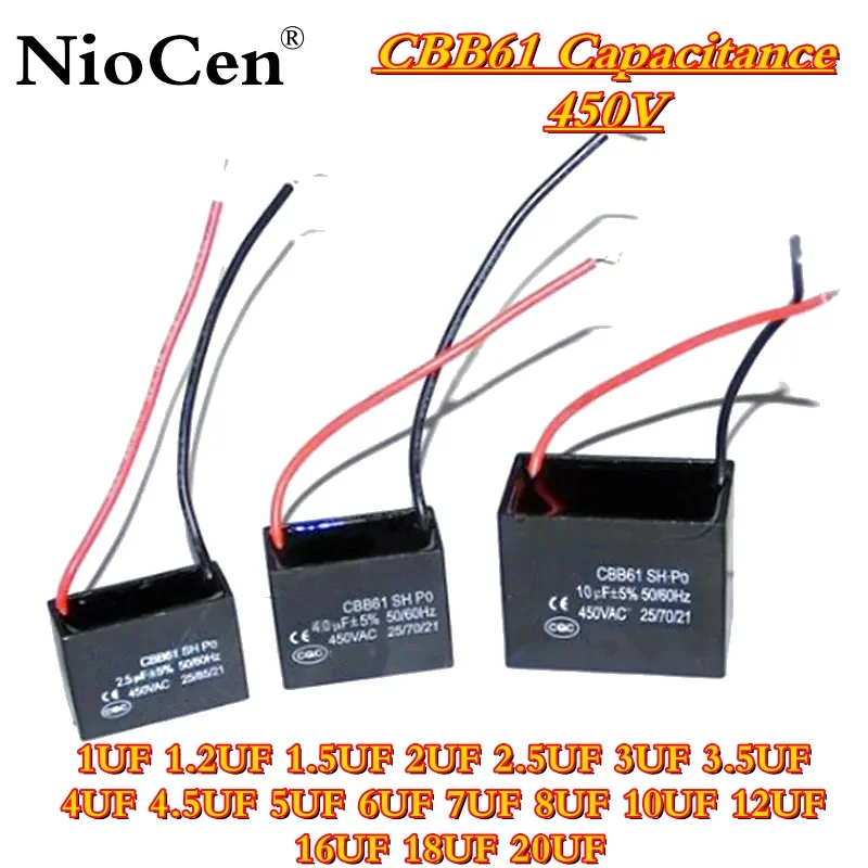 1pcs CBB61 Start Capacitance Fan Capacitor 450V 1UF 1.2UF 1.5UF 2UF 2.5UF 3UF 3.5UF 4UF 4.5UF 5 6 7  8 10 12UF 16UF 18UF 20UF