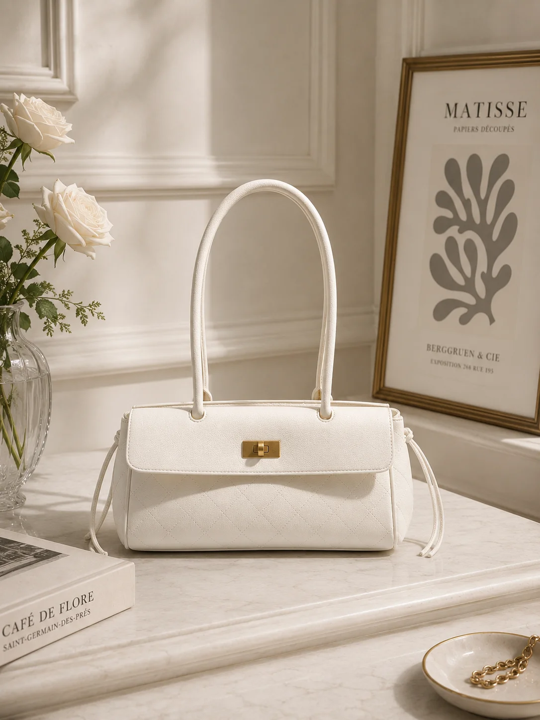 

East-West Shoulder Bag Women White Quilted PU Leather Gold Lock Baguette Bag Quiet Luxury Minimalist Underarm Crossbody Handbag