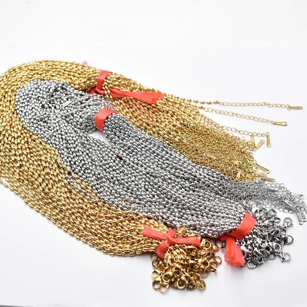 

Оптовая продажа, 50 шт., золотого цвета, 2 мм, нержавеющая сталь, цепочка с рисовым зерном, ожерелья, ювелирные изделия «сделай сам», 40 + 5 см, цепочки, костюм, оптовая продажа, аксессуары