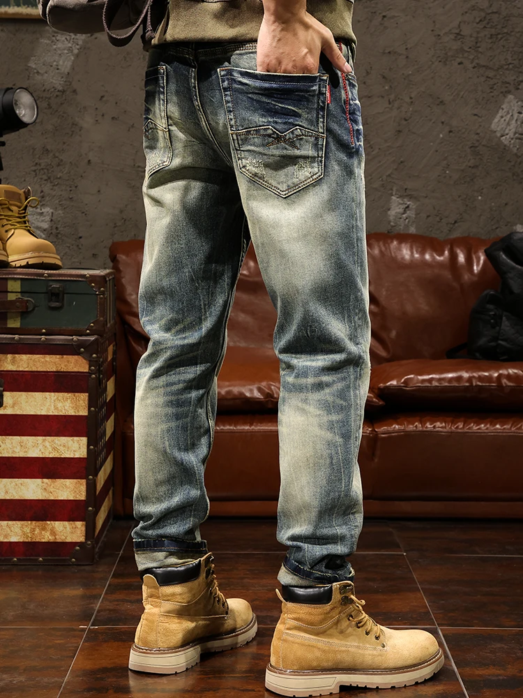 

Retro American Denim Jeans Men's Autumn Winter Slim Straight New Elastic Trend Casual Pants Cotton Elastic Denim Fabric