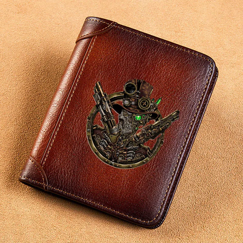 

High Quality Genuine Leather Men Wallets Steampunk Skull Gunner Cover Short Card Holder Purse Trifold Men's Wallet BK3871