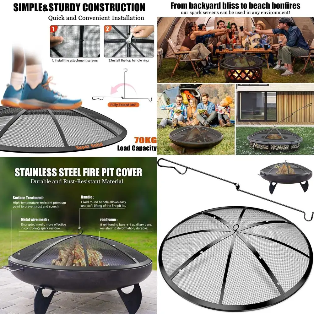 

Уличная жаропрочная чаша для костра 36 дюймов с сетчатой крышкой, крышкой-флиппером и кочергой для заднего двора, пляжа и кемпинга