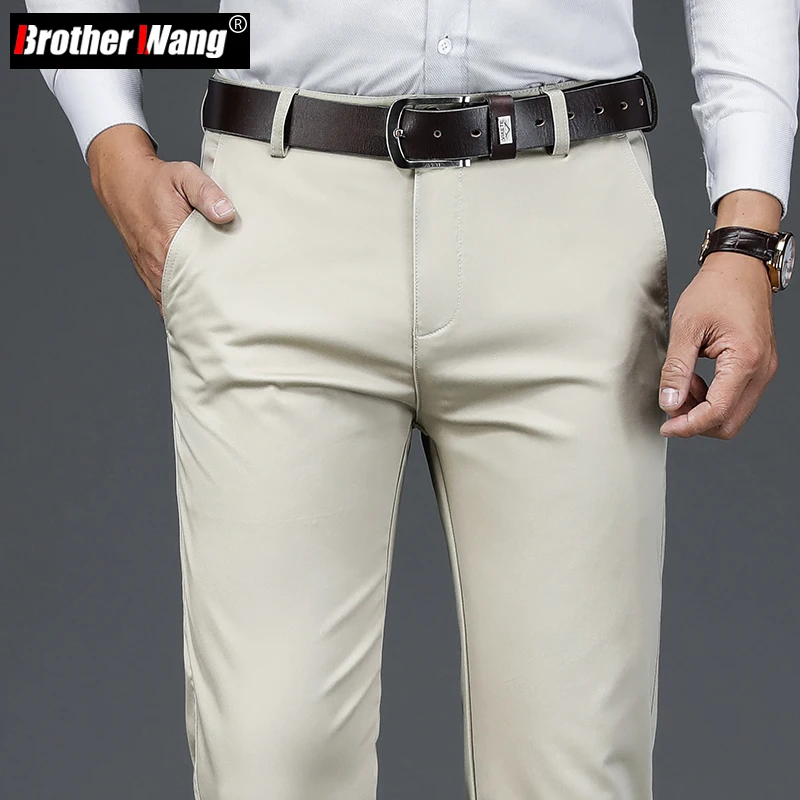 

Autumn Classic Style Men's Beige Business Straight Casual Pants Stretch Cotton High Waist Solid Brand Trousers Khaki Green Black